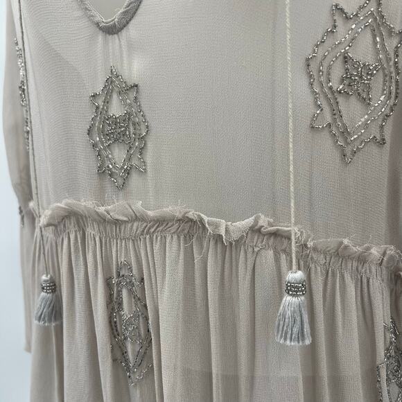 Chan Luu Beaded Sheer Top Womens Medium Light Beige Silver Flowy - Picture 4 of 10